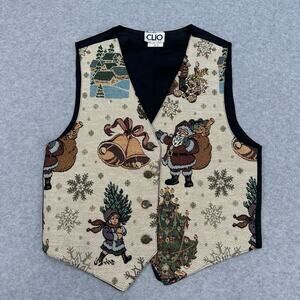Clio Christmas Tapestry Vest WMNS PS Multicolor Holiday Santa Bells USA Vtg 90s